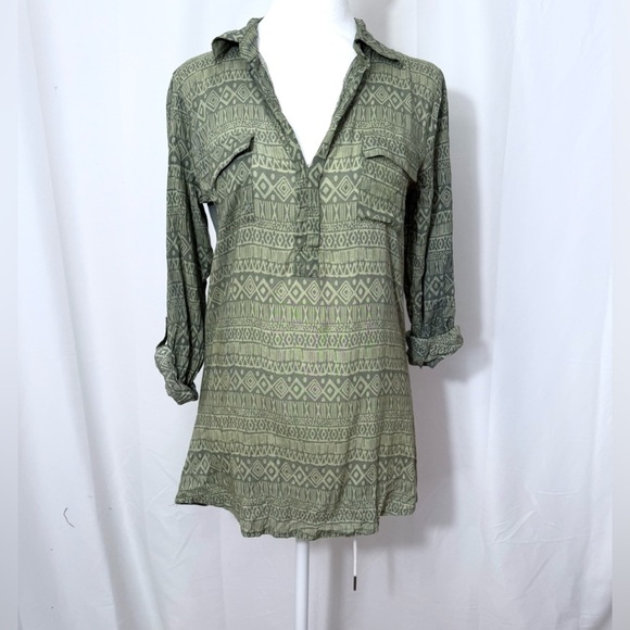 Poof! Dresses & Skirts - Poof Green Long Sleeve Collared V-Neck Tunic Dress With Aztec Print Stripes